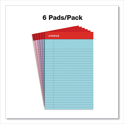 Universal Perforated Ruled Writing Pads, Narrow Rule, Red Headband, 50 Assorted Pastels 5 x 8 Sheets, 6/Pack (UNV63016)