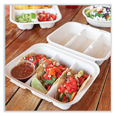 World Centric Fiber Hinged Containers, 8.8 x 8.2 x 2.9, Natural, Paper, 300/Carton (WORTOSCT3LFS)