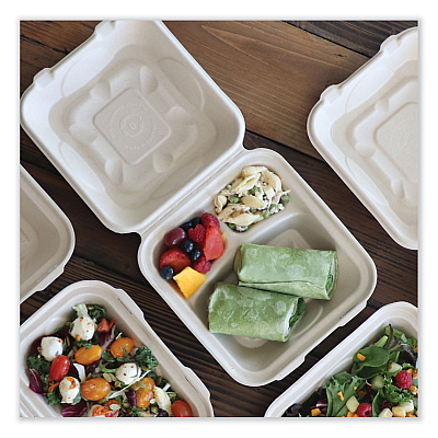 World Centric Fiber Hinged Containers, 3-Compartment, 8.8 x 8.2 x 2.9, Natural, Paper, 300/Carton (WORTOSCU8TLFP)