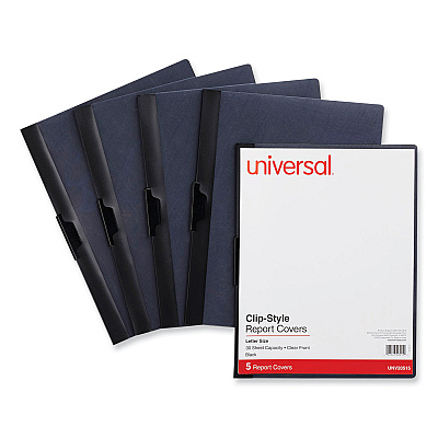 Universal Clip-Style Report Cover, Clip Fastener, 8.5 x 11, Clear/Black, 5/Pack (UNV20515)