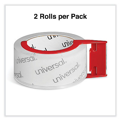 Universal Heavy-Duty Acrylic Box Sealing Tape with Dispenser, 3" Core, 1.88" x 54.6 yds, Clear, 2/Pack (UNV31102)