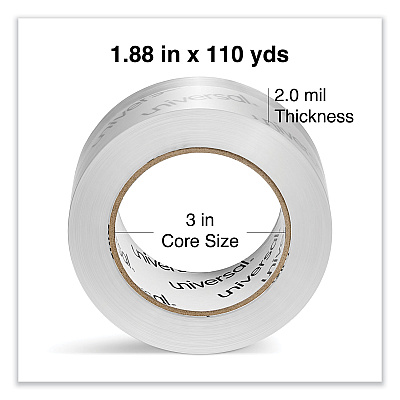 Universal Deluxe General-Purpose Acrylic Box Sealing Tape, 2 mil, 3" Core, 1.88" x 109 yds, Clear, 6/Pack (UNV53200)