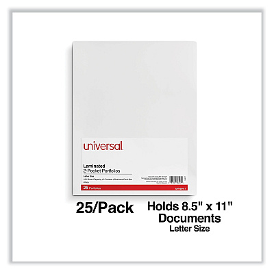 Universal Laminated Two-Pocket Portfolios, Cardboard Paper, 100-Sheet Capacity, 11 x 8.5, White, 25/Box (UNV56417)