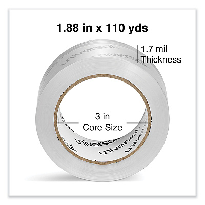 Universal Deluxe General-Purpose Acrylic Box Sealing Tape, 1.7 mil, 3" Core, 1.88" x 109 yds, Clear, 6/Pack (UNV63120)