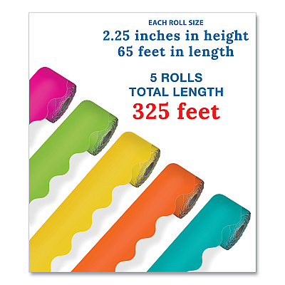 Carson-Dellosa Education Rolled Scalloped Border Set, 2.25" x 65 ft, Assorted Colors, 5/Set (CDP145301)
