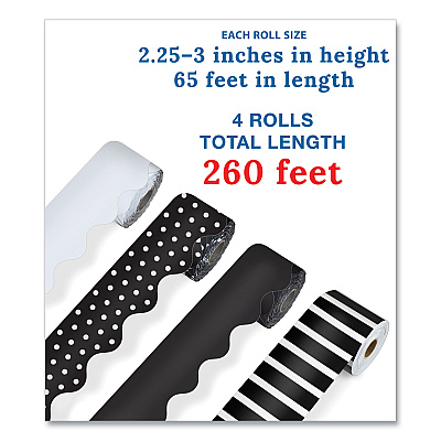 Carson-Dellosa Education Rolled Scalloped Border Set, (2) Solid Colors, (1) Horizontal Stripes, (1) Polka Dots, 2.25" x 65 ft, Assorted Colors, 4/Set (CDP145299)