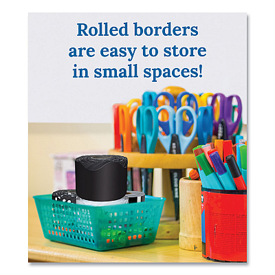 Carson-Dellosa Education Rolled Scalloped Border Set, (2) Solid Colors, (1) Horizontal Stripes, (1) Polka Dots, 2.25" x 65 ft, Assorted Colors, 4/Set (CDP145299)