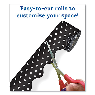 Carson-Dellosa Education Rolled Scalloped Border Set, (2) Solid Colors, (1) Horizontal Stripes, (1) Polka Dots, 2.25" x 65 ft, Assorted Colors, 4/Set (CDP145299)