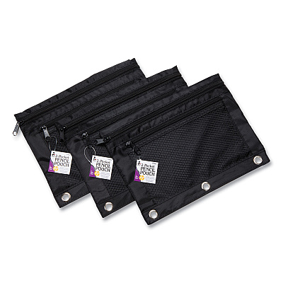 Charles Leonard Two-Pocket Binder-Insertable Pencil Pouch with Mesh Front, 11 x 9, Black, 6/Pack (LEO76356)