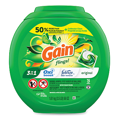 Gain Flings Detergent Pods, Original, 76 Pods/Tub, 4 Tubs/Carton (PGC09207CT)
