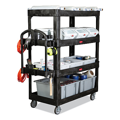 Rubbermaid Commercial BRUTE Heavy-Duty Ergo Utility Cart, Plastic, 4 Shelves, 700 lb Capacity, 24.35" x 54.1" x 62.4", Black (RCP2128657)