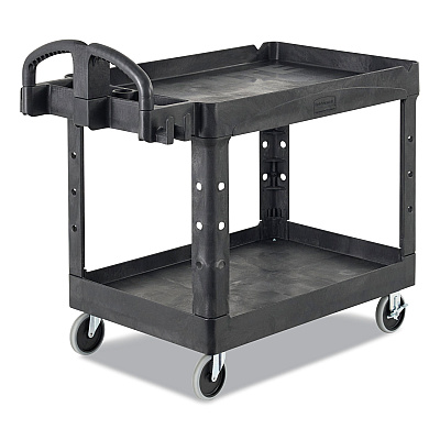 Rubbermaid Commercial BRUTE Heavy-Duty Utility Cart with Lipped Shelves, Plastic, 2 Shelves, 750 lb Capacity, 26" x 55" x 33.25", Black (RCP4546BLA)