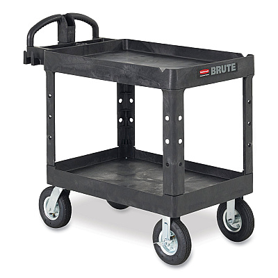 Rubbermaid Commercial BRUTE Heavy-Duty Utility Cart with Lipped Shelves, Plastic, 2 Shelves, 750 lb Capacity, 26" x 55" x 33.25", Black (RCP4546BLA)
