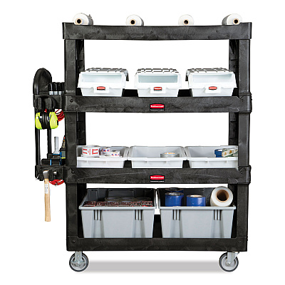Rubbermaid Commercial BRUTE Heavy-Duty Ergo Utility Cart, Plastic, 4 Shelves, 700 lb Capacity, 24.35" x 54.1" x 62.4", Black (RCP2128657)
