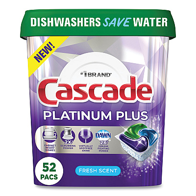 Cascade Platinum Plus ActionPacs Dishwasher Detergent Pods, Fresh Scent, 28.4 oz Tub, 52/Tub, 3 Tubs/Carton (PGC06156)