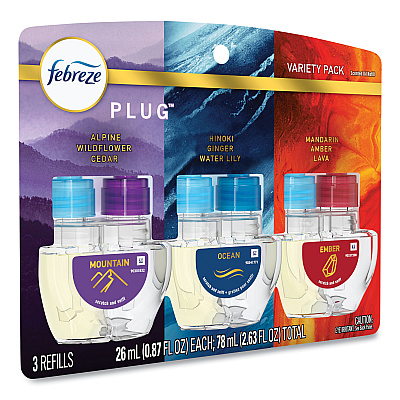 Febreze PLUG Air Freshener Refills, 2.63 oz, Alpine Wildflower Cedar/Hinoki Ginger Water Lily/Mandarin Amber Lava, 3/PK, 6 PK/Carton (PGC10202)