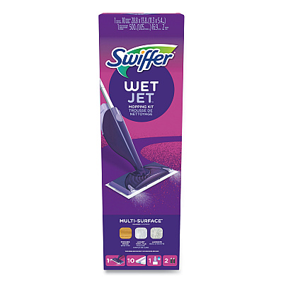Swiffer WetJet Mop Starter Kit with 10 Pads and 1 Cleaner, 11.3 x 5.4 Head, Silver Handle (PGC49886)
