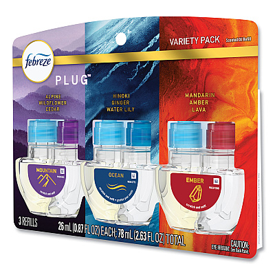Febreze PLUG Air Freshener Refills, 2.63 oz, Alpine Wildflower Cedar/Hinoki Ginger Water Lily/Mandarin Amber Lava, 3/PK, 6 PK/Carton (PGC10202)