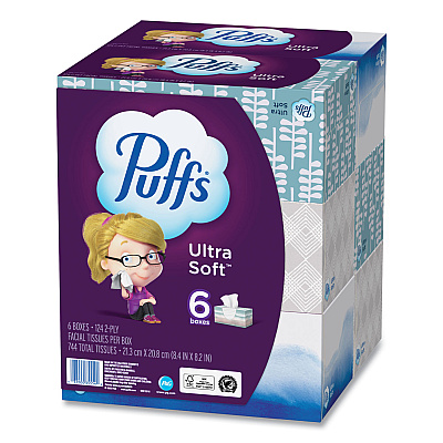 Puffs Ultra Soft Facial Tissue, 2-Ply, White, 124 Sheets/Box, 6 Boxes/Pack, 4 Packs/Carton (PGC35554)