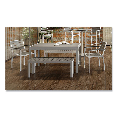 KFI Studios Eveleen Outdoor Dining Table Set, 55" x 35" x 29" Rectangular Table, 2 Benches, 2 Armchairs, Gray/White (840031918437)