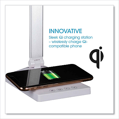 OttLite Wellness Series Entice LED Desk Lamp with Wireless Charging, Silver Arm, 11" to 22" High, White (OTTCSDQA02WSHPR)