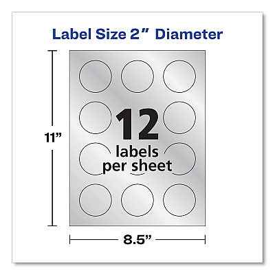 Avery Round Labels, Inkjet Printers, 2" dia, Silver, 12/Sheet, 8 Sheets/Pack (AVE22824)