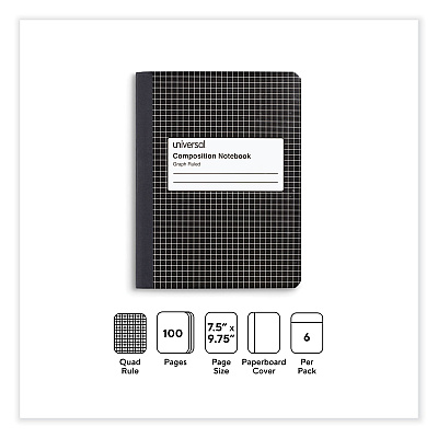 Universal Quad Rule Composition Book, Quadrille Rule (4 sq/in), Black Marble Cover, (100) 9.75 x 7.5 Sheets, 6/Pack (UNV20957)