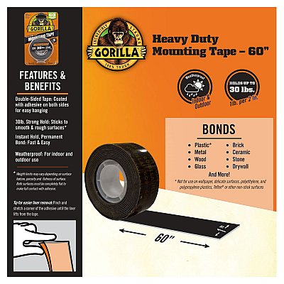 Gorilla Heavy Duty Mounting Tape, Permanent, Holds Up to 30 lbs, 1" x 60", Black (GOR6055002)