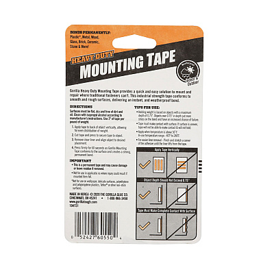 Gorilla Heavy Duty Mounting Tape, Permanent, Holds Up to 30 lbs, 1" x 60", Black (GOR6055002)