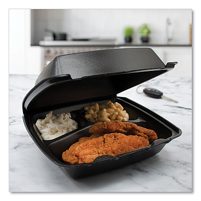 Dart Insulated Foam Hinged Lid Containers, 3 Compartments, 7.96 x 3.2 x  8.36, Black, Foam, 200/Carton (DCC85HTB3R)