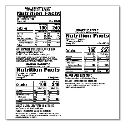 Juice Drink Variety Pack, Snapple Apple, Kiwi Strawberry, Mango Madness, 20 oz Bottle, 24/Carton (GRR22000813)