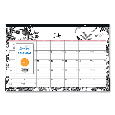 Blue Sky Analeis Academic Year Desk Pad Calendar, Floral Artwork, 17 x 11, White/Black/Coral Sheets, 12-Month (July-June): 2025-2026 (130617)