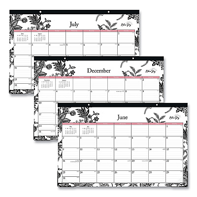 Blue Sky Analeis Academic Year Desk Pad Calendar, Floral Artwork, 17 x 11, White/Black/Coral Sheets, 12-Month (July-June): 2025-2026 (130617)