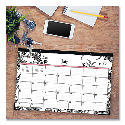 Blue Sky Analeis Academic Year Desk Pad Calendar, Floral Artwork, 17 x 11, White/Black/Coral Sheets, 12-Month (July-June): 2025-2026 (130617)
