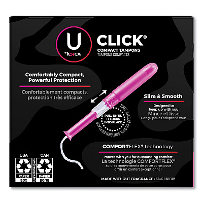 U by U by U by Kotex Click Compact Tampons, Super Absorbency, 16/Pack, 8 Packs/Carton (KCC51581)