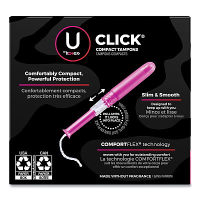 U by U by U by Kotex Click Compact Tampons, Super Plus Absorbency, 16/Pack, 8 Packs/Carton (KCC51582)
