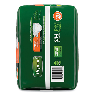 Depend Incontinence Protection with Tabs, Small/Medium, 19" to 34" Waist, 20/Pack, 3 Packs/Carton (KCC35456)