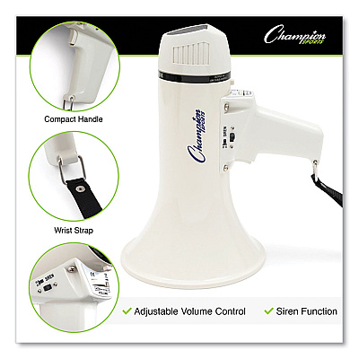 Champion Sports Megaphone, 4 W to 8 W, 400 yds Range, White (CSIMP4W)