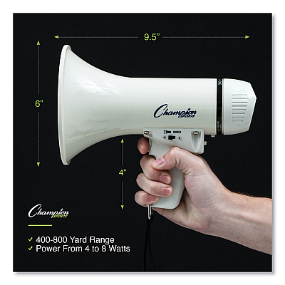Champion Sports Megaphone, 4 W to 8 W, 400 yds Range, White (CSIMP4W)