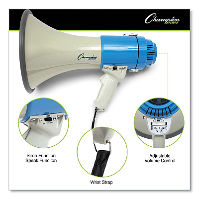 Champion Sports Megaphone, 12 W to 25 W, 1,000 yds Range, White/Blue (CSIMP12W)