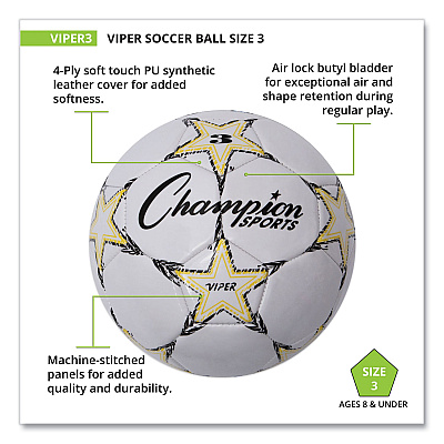 Champion Sports VIPER Soccer Ball, No. 3 Size, 7.25" to 7.5" Diameter, White (CSIVIPER3)