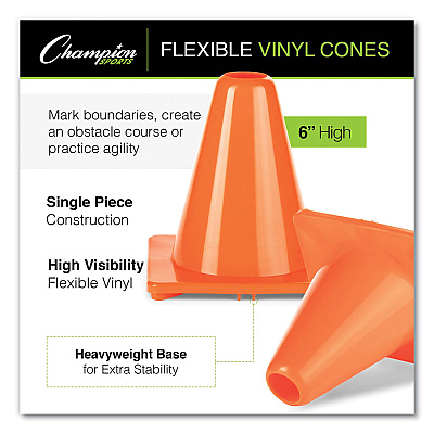 Champion Sports Hi-Visibility Vinyl Cones, 6" Tall, Fluorescent Orange, 9.5" x 9.5" Base (CSIC6OR)