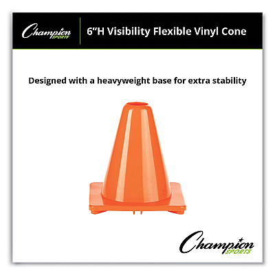 Champion Sports Hi-Visibility Vinyl Cones, 6" Tall, Fluorescent Orange, 9.5" x 9.5" Base (CSIC6OR)