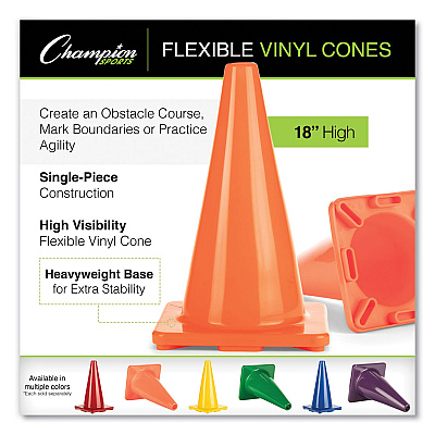 Champion Sports Hi-Visibility Vinyl Cones, 18" Tall, Fluorescent Orange, 10.63" x 10.63" Base (CSIC18OR)