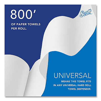 Scott Essential 100% Recycled Fiber Hard Roll Towel, 1-Ply, 8" x 800 ft, 1.5" Core, White, 12 Rolls/Carton (KCC01052)
