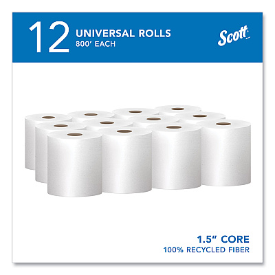 Scott Essential 100% Recycled Fiber Hard Roll Towel, 1-Ply, 8" x 800 ft, 1.5" Core, White, 12 Rolls/Carton (KCC01052)