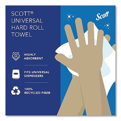 Scott Essential 100% Recycled Fiber Hard Roll Towel, 1-Ply, 8" x 800 ft, 1.5" Core, White, 12 Rolls/Carton (KCC01052)