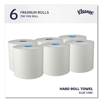 Kleenex Hard Roll Paper Towels with Premium Absorbency Pockets with Colored Core, Blue Core, 1-Ply, 7.5" x 700 ft, White, 6 Rolls/CT (KCC25637)