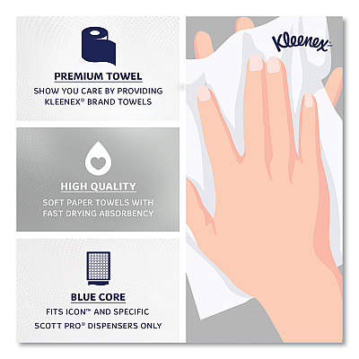 Kleenex Hard Roll Paper Towels with Premium Absorbency Pockets with Colored Core, Blue Core, 1-Ply, 7.5" x 700 ft, White, 6 Rolls/CT (KCC25637)