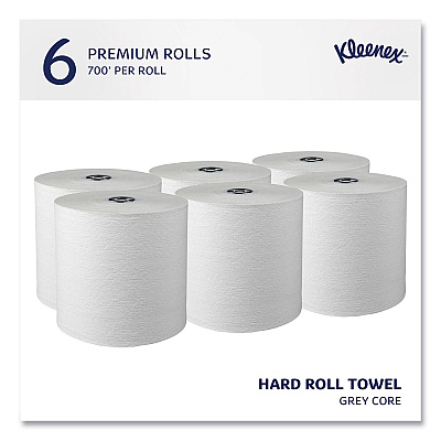 Kleenex Hard Roll Paper Towels with Premium Absorbency Pockets with Colored Core, Gray Core, 1-Ply, 7.5" x 700 ft, White, 6 Rolls/CT (KCC25639)